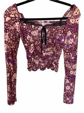 Free People Purple and Cream Floral Lace-Trim Crop Top